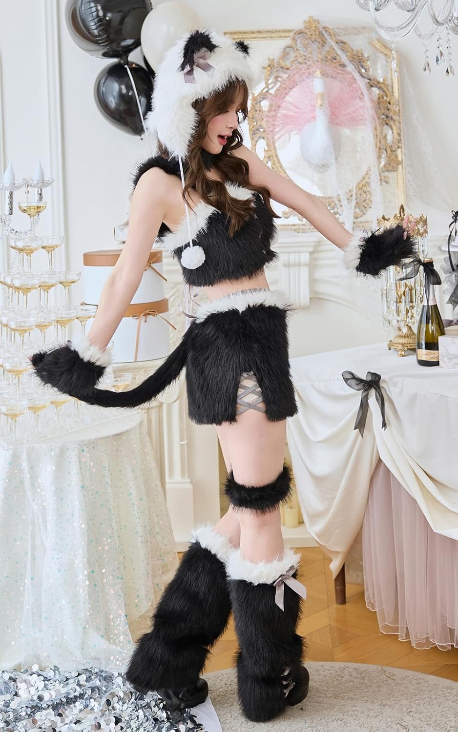 Malymoon] コスプレ アニマル 動物 キャット ねこ 黒 グレー ファー